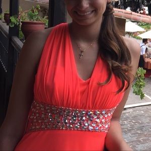 Jewel embellished waist long dress - neon orange - perfect for prom or wedding